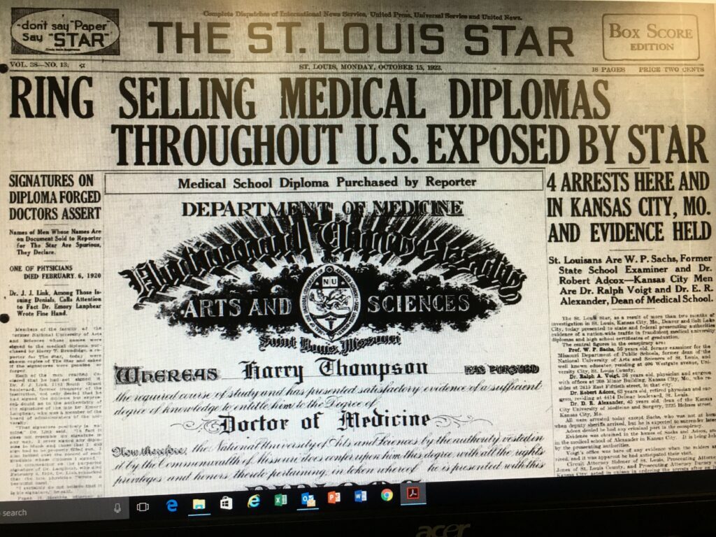 medical degree fraud newspaper headline 1923